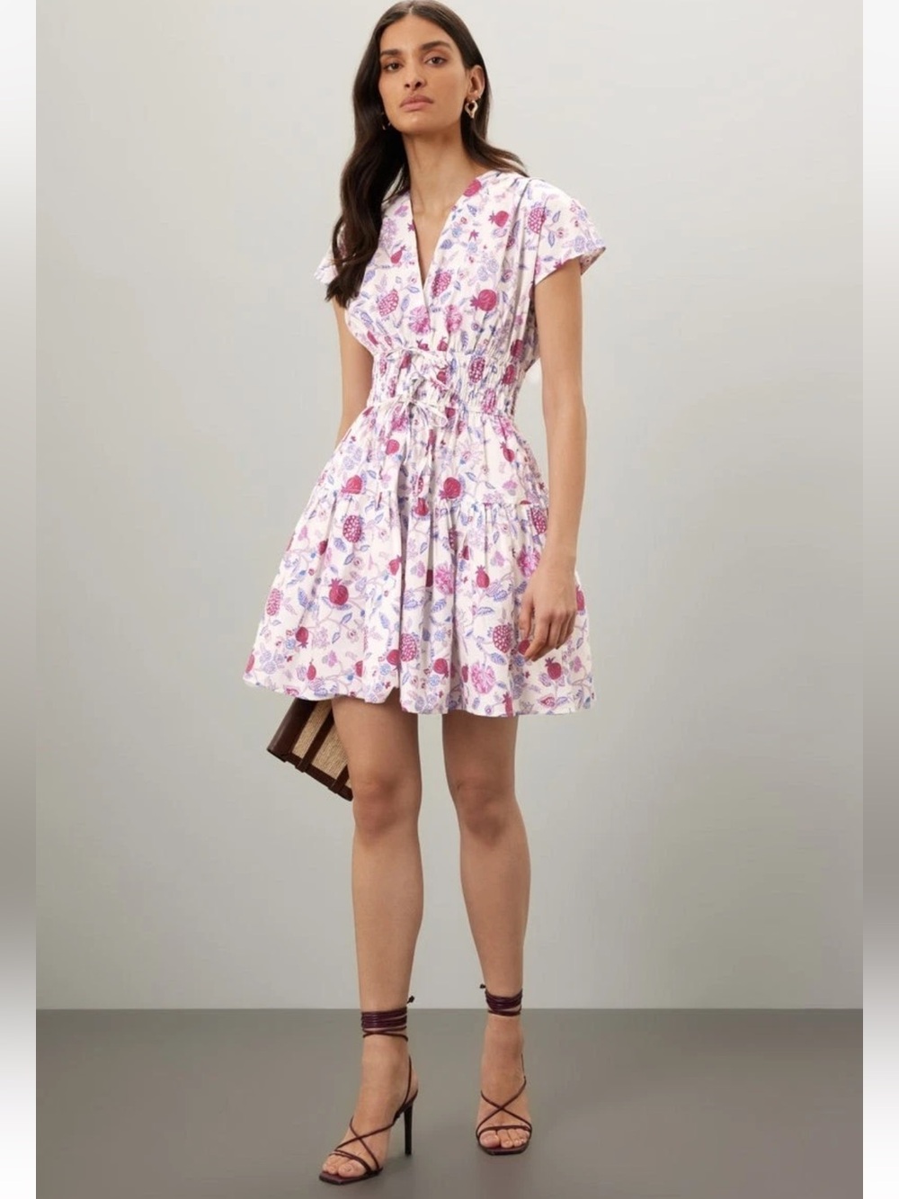 Derek Lam Tie Waist Detail White Floral V-Neck Mini Dress